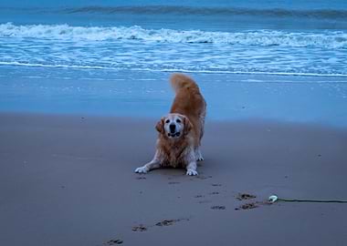 Golden Retriever Stretching on Beach