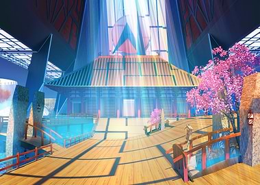 Futuristic Japanese Temple with Cherry Blossoms