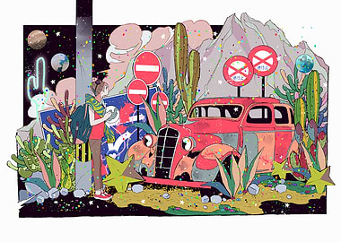 Surreal Desert Landscape with Vintage Car