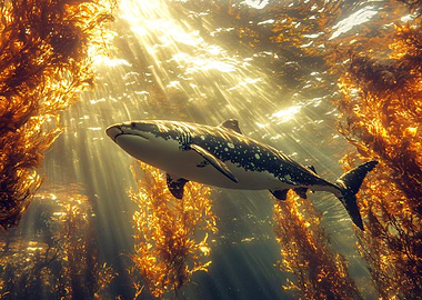 Shark swimming through kelp forest