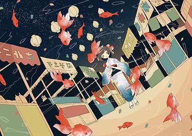 Anime Girl with Goldfish in Japanese Town