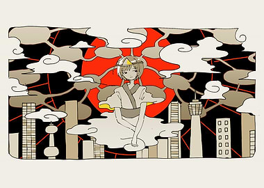 Anime Girl in Cityscape with Sun