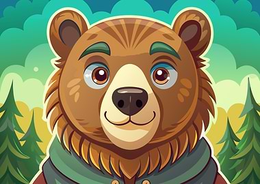 Cartoon Bear Portrait in Forest Setting
