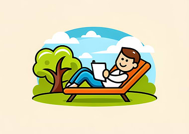 Cartoon Man Relaxing Outdoors with Tablet