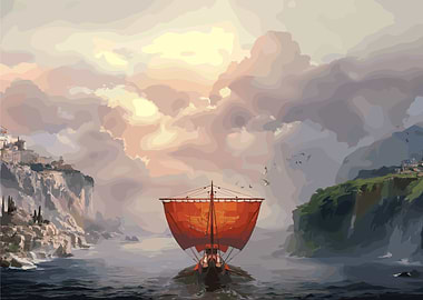 Ancient Ship Sailing Coastal Waters