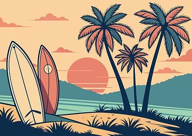 Retro Beach Surfboard Palm Trees Sunset