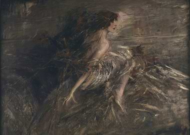 Woman with Peacock Feathers Painting