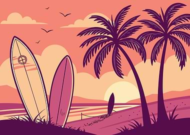 Sunset Beach with Surfboards and Palms