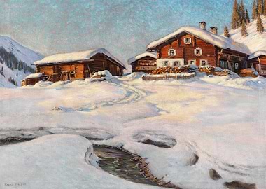Winter Village Landscape Painting