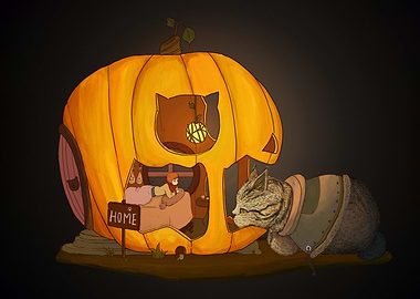 Pumpkin House with Cat and Child
