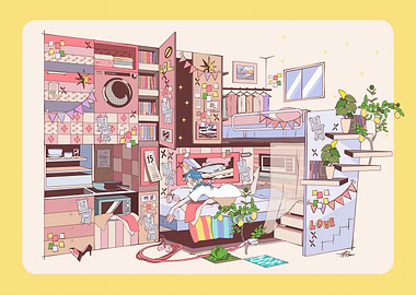 Cozy Room Illustration with Girl