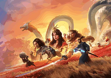 Japanese Fantasy Warriors and Dragon Art