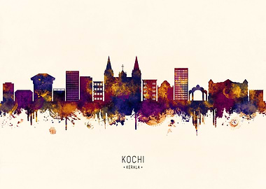 Kochi Kerala Skyline Watercolor Silhouette