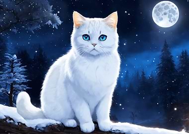 White Cat in Winter Night