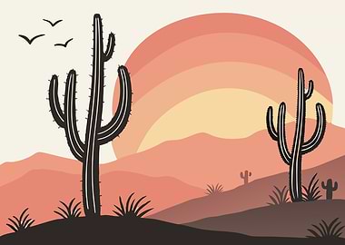 Desert Landscape with Cacti and Sunset