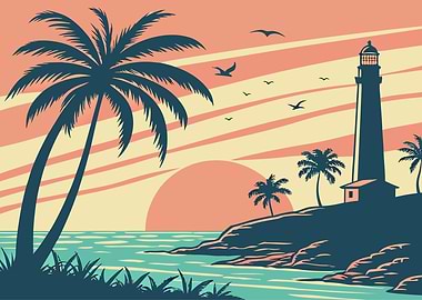 Tropical Island Lighthouse Sunset Illustration