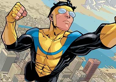 Invincible flying over city