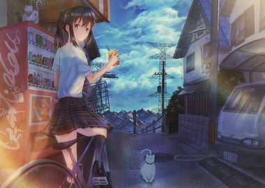 Anime Girl with Drink and Bicycle