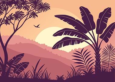 Tropical Sunset Landscape Illustration