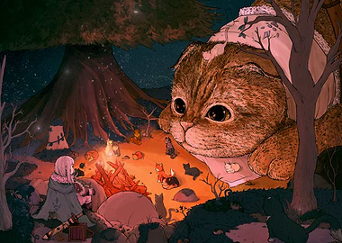Giant Cat and Campfire Scene