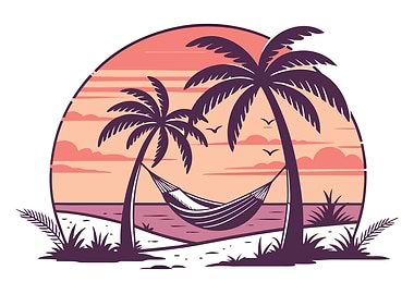 Tropical Beach Hammock Sunset Illustration