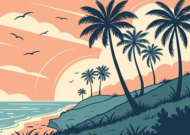 Tropical Beach with Palm Trees Illustration