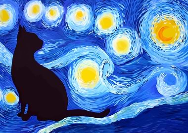 Starry Night Cat Silhouette