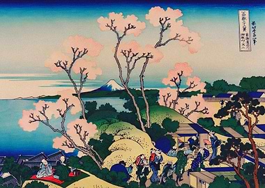 Japanese Woodblock Print with Cherry Blossoms