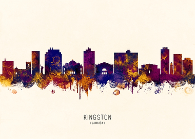 Kingston Jamaica Skyline Watercolor Silhouette