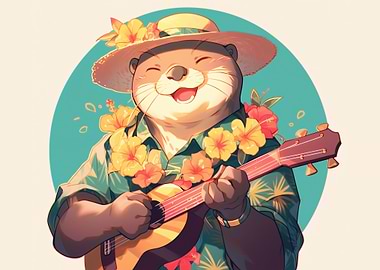 Happy Otter Playing Ukulele in Hawaii