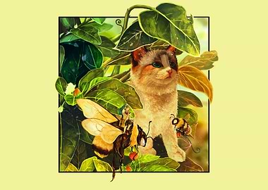 Cat, Bees, and Foliage Illustration
