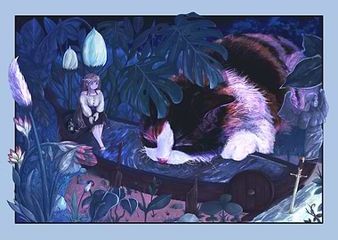 Fantasy Scene with Cat and Girl