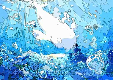 Underwater Whale and Girl Illustration