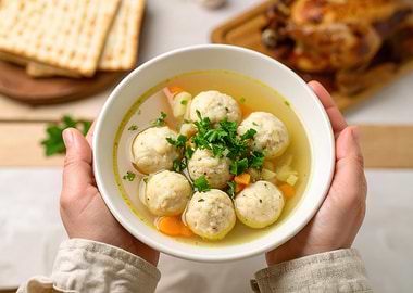 Matzah Ball Soup in White Bowl