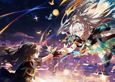 Anime Girls Reaching Hands in Cityscape