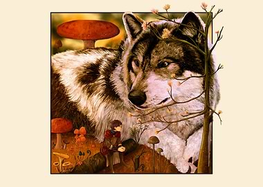 Wolf and Boy in Mushroom Forest