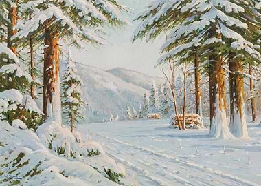 Winter Landscape Painting with Snow Covered Trees
