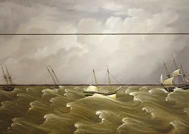Seascape Painting with Ships in Storm