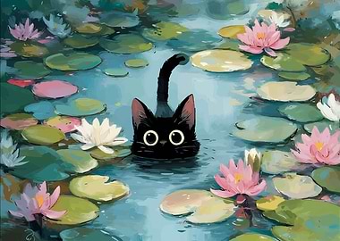 Black Cat in Lily Pond