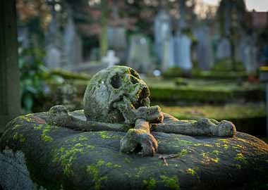 Mossy Skull and Crossbones Tombstone