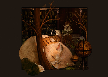 Fantasy Library with Giant Cat and Readers