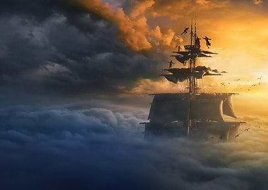 Pirate Ship Sailing Through Clouds