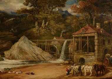 Landscape with Watermill and Horses Painting