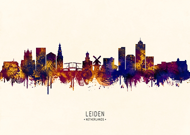 Leiden Netherlands Skyline Watercolor Silhouette