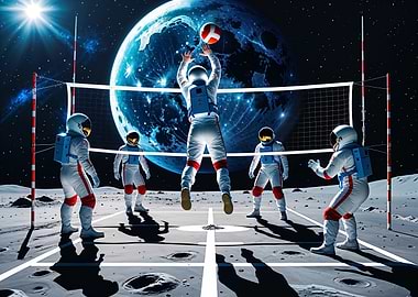Astronauts playing volleyball on the moon