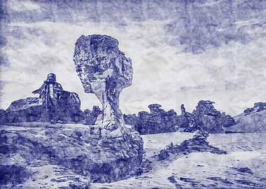 Blue Ink Landscape with Rock Formations