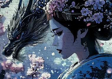 Geisha and Dragon Digital Art