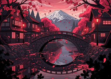 Japanese Village with Cherry Blossoms and Bridge