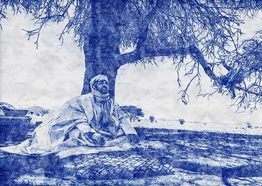 Man Resting Under Tree, Blue Ink