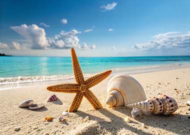 Starfish and Seashells on the Sea Beach
